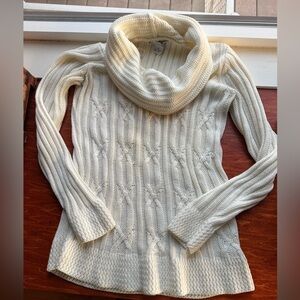 Women’s RXB Cable Knit Cowl Neck Sweater Cream Ivory Ribbed Sleeve Cozy Size S